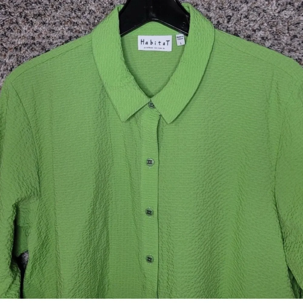 Habitat Top Womens Large Green Button Up Textured Collared Pockets Casual Ladies - Picture 8 of 9